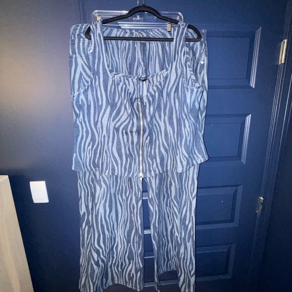 Zebra Print Two-Piece Set - Light & Dark Blue Denim